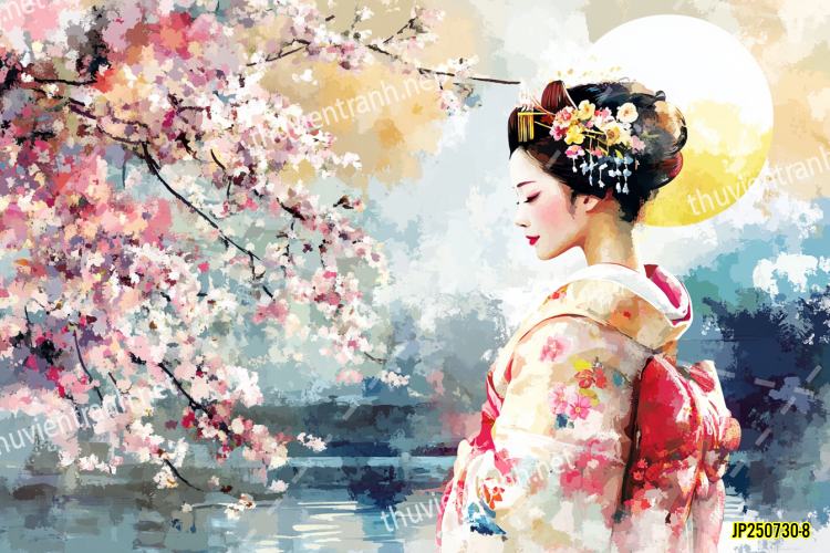 Tranh dán tường hoa cô gái Geisha Nhật Bản-JP250730-8 - Tranh tường chất lượng cao